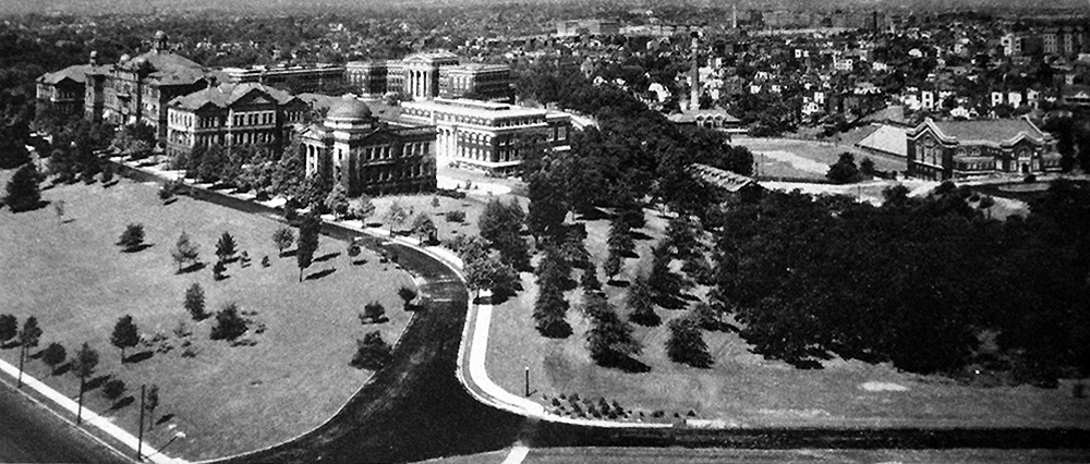 black and white aerial view of UC campus from 1920