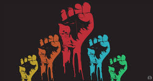 multi colored fists rising to indicate solidarity