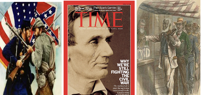 Three images juxtaposed to one another: 1) A union and confederate soldier locked in arms, 2)the cover of a Time magazine with a crying Lincoln, and 3) a series of black men voting during Reconstruction.
