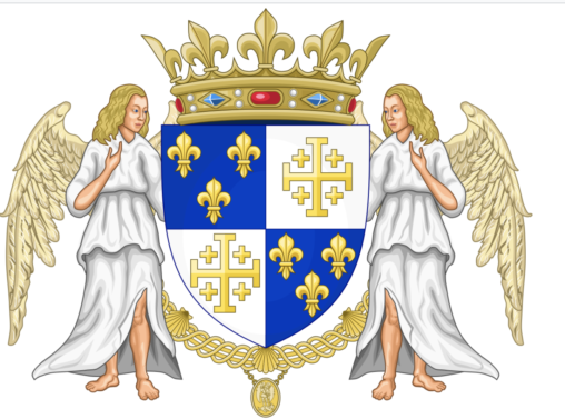 French coats of arms shield placed between two angels with French Crown on top