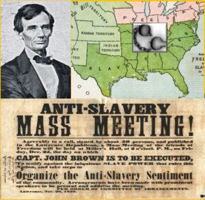 Picture of Abraham Lincoln on the left top, a map of southern slave states on the right top, and the old phanbphlet saying anti-slavery mass meeting