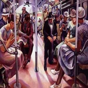 Painting of people riding the subway