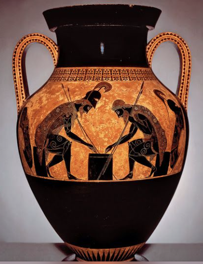 A black-figure Greek vase depicts two Greek heroes playing at a board game during a break from fighting the Trojan War.