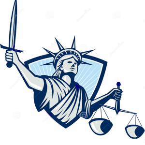 Illustration of Statue of Liberty holding a sword on the left hand and scale on the right