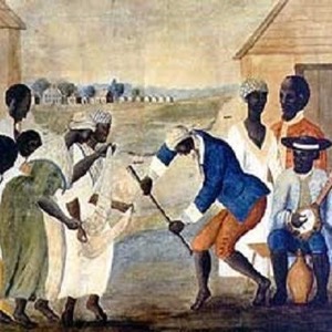 Painting of a person shoveling and a group of men and women watching