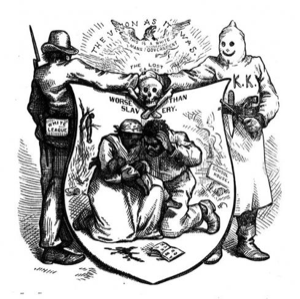 Cartoon image showing the Ku Klux Klan man on the right holding a hand f white supporters over the image of black man and women crouching with the word "worst than slavery" on it