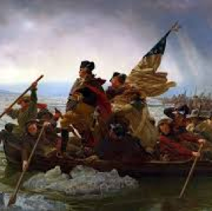 Painting of George Washington crossing the Delaware in a boat with other soldiers