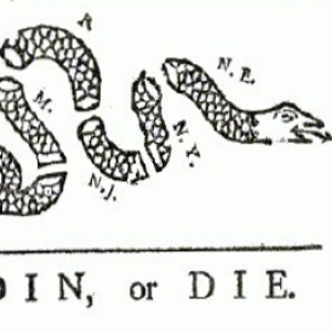 a political cartoon of a snake cut into American colonies with a word "join, or die"