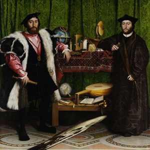 Painting of man standing on the left wearing fur coat and another man wearing black religious clothes standing on the right