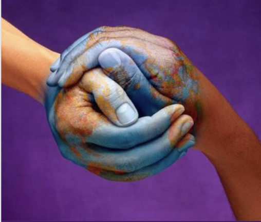 two hands locked together and painted to resemble a globe