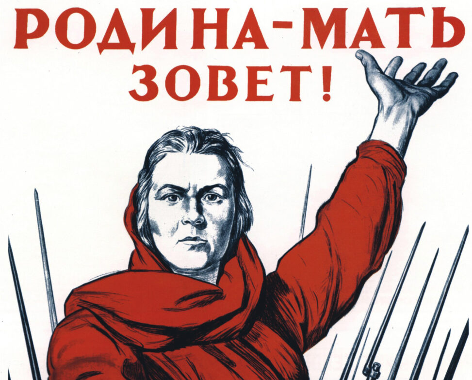 A women in red pronounces "The Motherland is Calling!" in Russian.