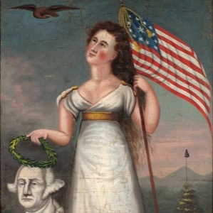 Painting of woman holding flag with hand resting on bust of George Washington