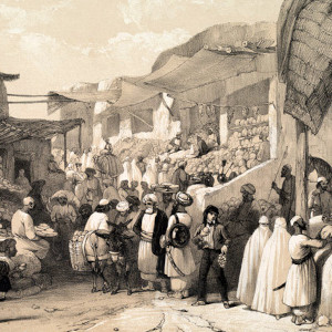 Painting of a market scene in 19th century Kabul