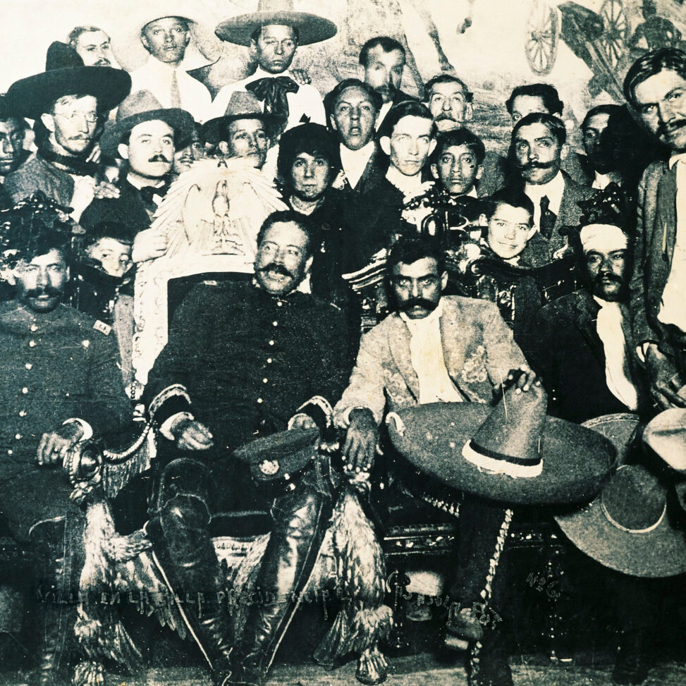 Pancho Villa and Emiliano Zapata seated together in Mexico City, 1914.