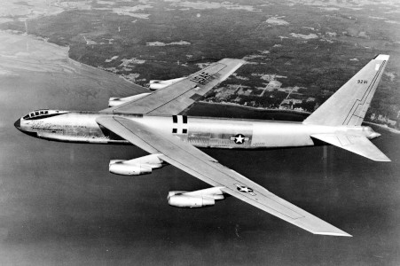 Black and white photo of B52 sideview