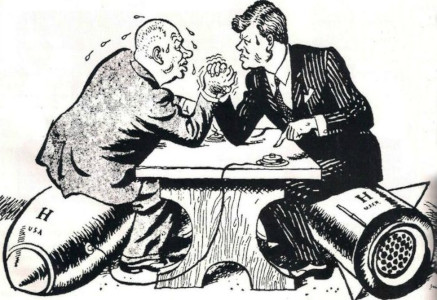 Cartoon of Khruschev and JFK arm wrestling while sitting on bombs