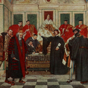 Colorful illustration by artist James D. Linton of the trial scene in William Shakepeare’s The Merchant of Venice, published in 1914.