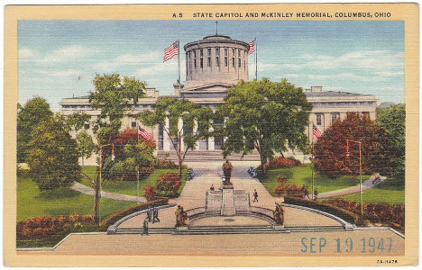 A 1947 postcard picturing the Ohio State Capital