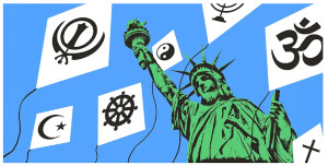 Statue of Liberty surrounded by kites featuring emblems of different faith groups that make up American society’s diverse religious landscape