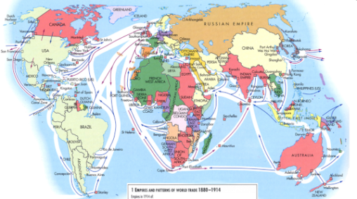 A map of the world showing the movement of commodities