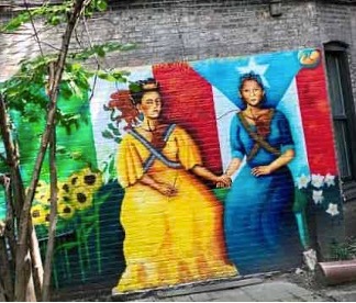Mural titled Soldaderas, inspired by Frida Kahlo's painting "Las dos Fridas." Mural depicts Mexican painter Frida Kahlo and Puerto Rican poet Julia de Burgos.