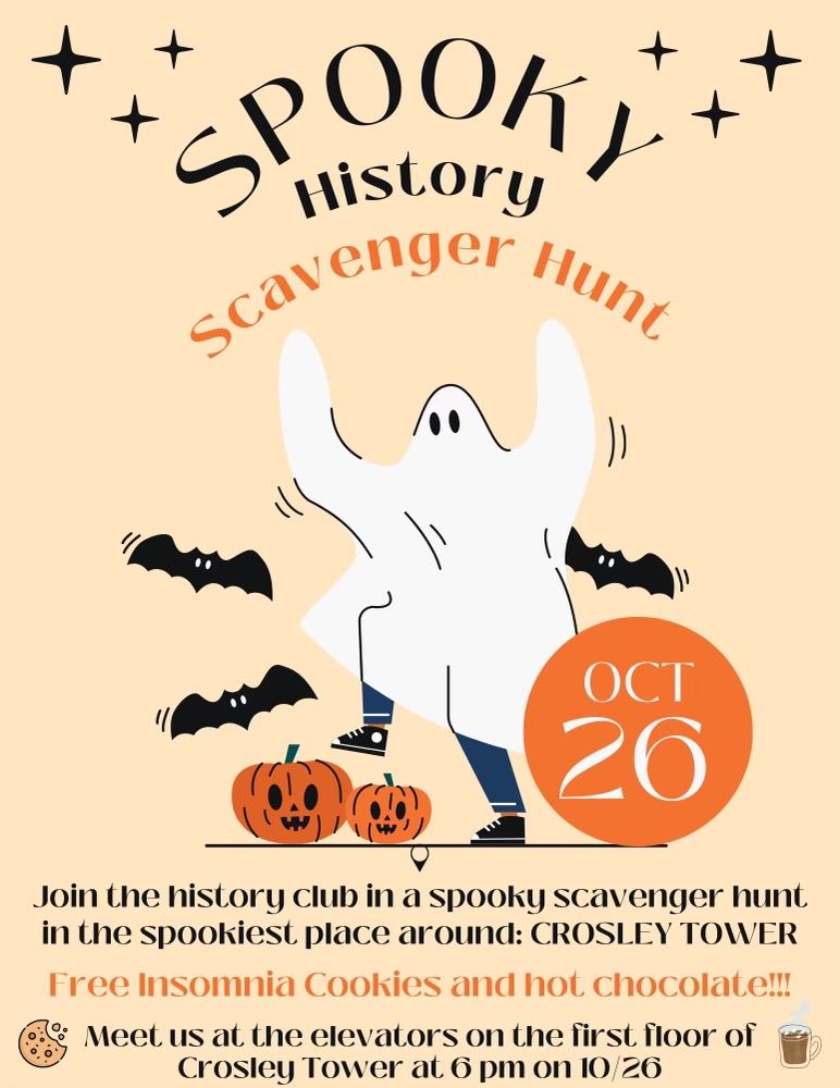 Graphic of ghosts, bats, and pumpkins for Spooky History club Scavenger Hunt