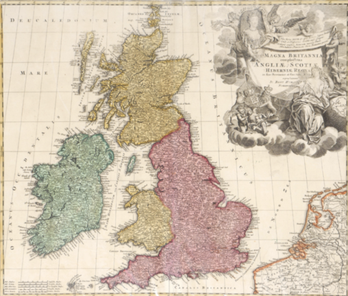 Old map of the British Isles with Ireland in Green, Scotland in Yellow, and England in Red