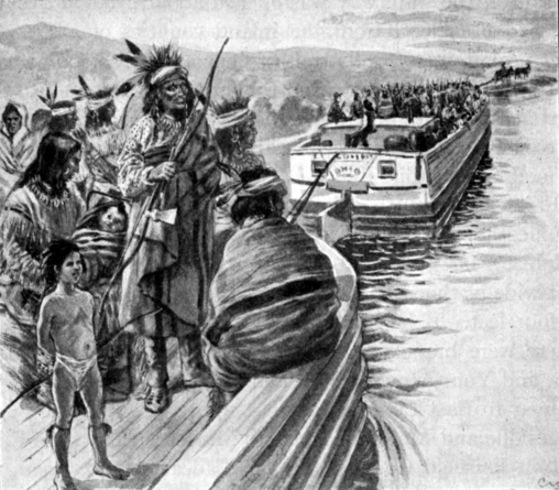 sketch drawing of Wyandotte being lead down the ohio river