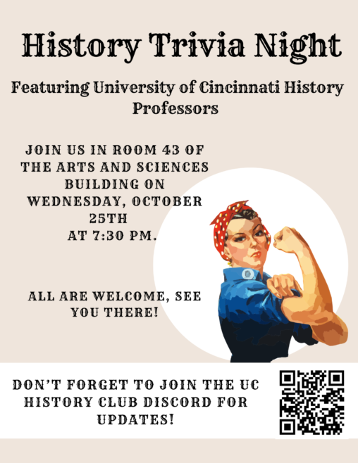 Rosie the Riveter on a History club announcement for History Trivia Night October 25, 2023