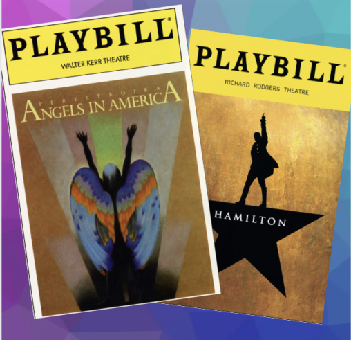 Cover of a West End Playbill for Angles in America and the cover of a Broadway Playbill for Hamilton the Musical