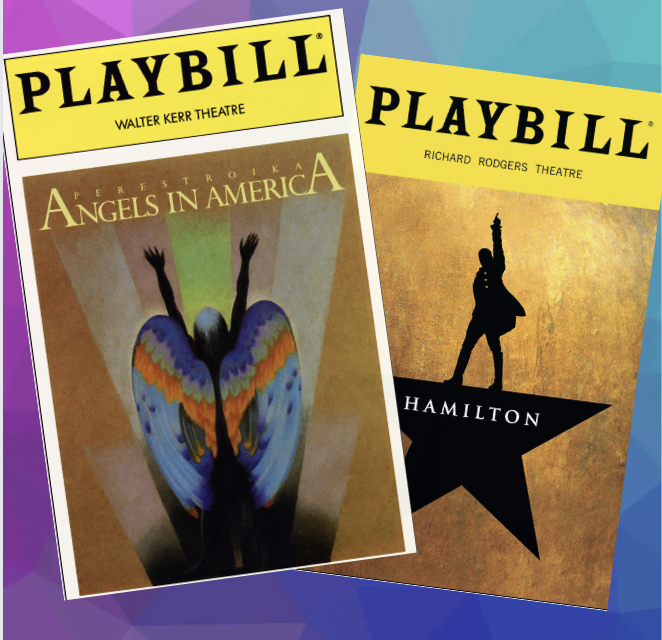 Cover of a West End Playbill for Angles in America and the cover of a Broadway Playbill for Hamilton the Musical