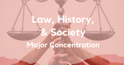 a collection of hands of various hues holding up the scales of justice together with text "Law, History, and society" overlay