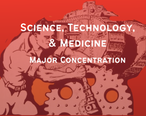 A graphic of a man working on a large gear within a tank in the background with the text "Science, Technology, & Medicine major concentration" overlay