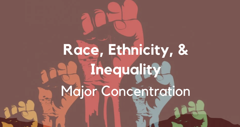Red. blue, and orange graphics of raised fists with the text" race, ethnicity, and inequality major concentration" overlay
